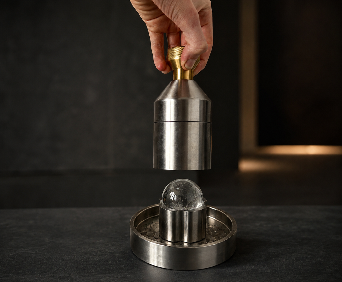 Ice Press No.1 transforming a block of ice into a sphere.